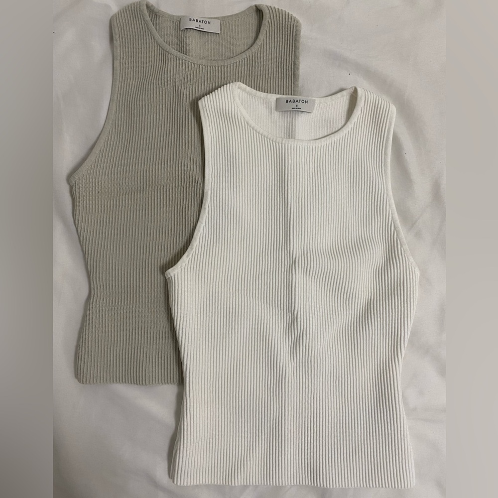 SOLD Aritzia Babaton Sculpt Knit Racer Tank in White and Matte Pearl- Small